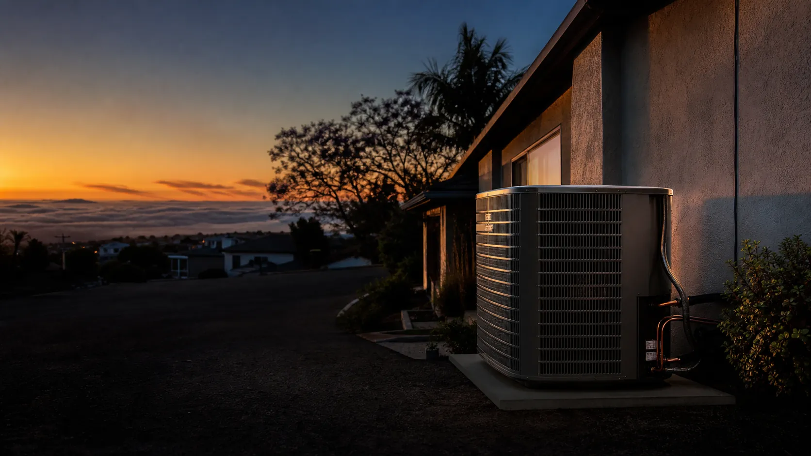 Modern outdoor air-conditioning condenser beside a mid-century South Bay home in Torrance at dusk, with the Pacific coastline and marine-layer fog behind