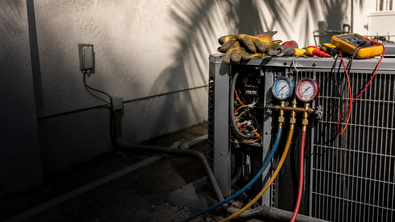 Professional HVAC manifold refrigerant gauge set and hand tools connected to an outdoor condenser during a service call at a South Bay home