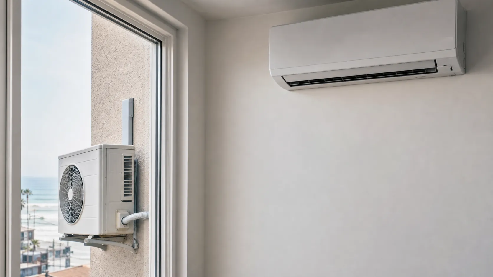 Modern wall-mounted ductless mini-split head indoors with an exterior condenser visible through the window on a coastal South Bay home